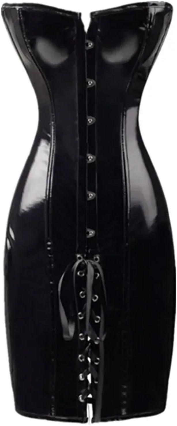Punk over chest corset women's shiny PU leather long torso tight skirt(Black,XL)