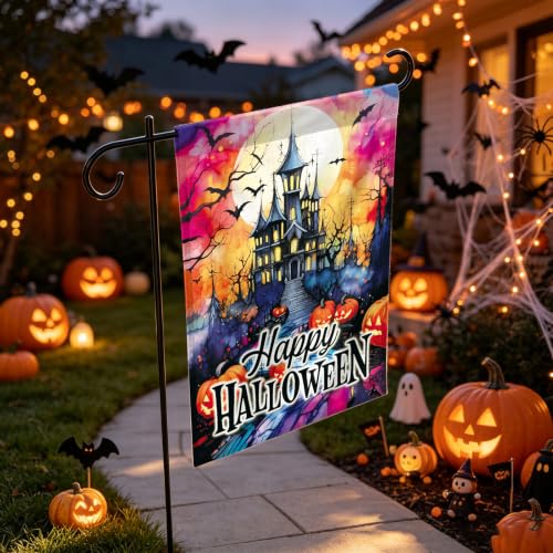 Image of Happy Halloween Garden Flag 12x18 Inch Haunted House Pumpkin Halloween Yard Flag Spooky Fall Porch Decor