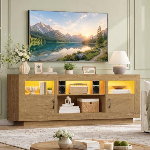 Image of TEENFON TV Stand for 75 inch TV, Entertainment Center with LED Lights & Adjustble Shelves, 27.6 inchH TV Console, Media Console with Open Storage & Side Cabinets, TV Stands for Living Room, Natural Brown