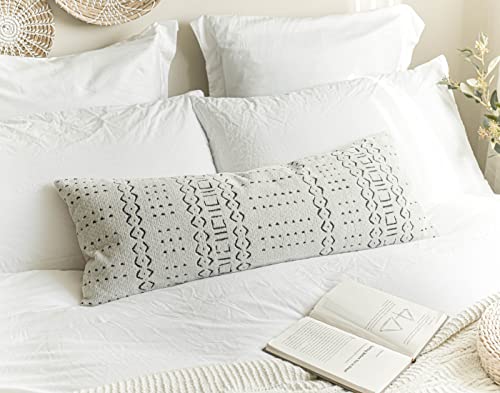 Blissblush Off White Black Boho Long Lumbar Pillow Cover 14X36, Soft Chenille Pattern Decorative Throw Lumbar Pillow Cover 14X36 Inch, Bohemian Textured Bed Lumbar Pillow, Cover Only #TOP5