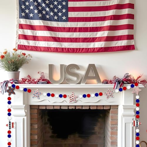 Image of 4th of July Garland, 8.2ft Felt Patriotic USA Garland for Mantle Red White Blue Patriotic Star Banner Decor for Independence Day Halloween Party