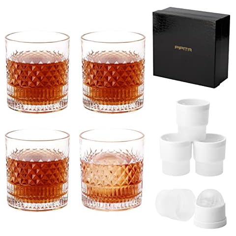 PIPITA Old Fashioned Whiskey Glasses and Ice Ball Mold Gift Set with Luxury Box - 4pcs 11 Oz Rocks Barware and 4pcs Ice Ball Mold For Scotch, Bourbon, Liquor and Cocktail Drinks - Set of 4 Cover