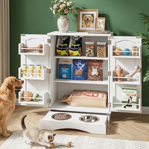 Hometis 23.5(w) Dog Feeding Station with Storage Dual Door Hung Storage Hidden Feeding Bowls (Off White)