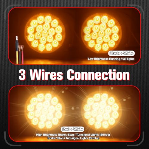 Image of 2PCS 4 Inch 19LED Amber Round Led Trailer Tail Lights,Brake Stop Turn Signal Light w /Grommets,12V,IP67 Waterproof,3-Prong Wire Pigtails