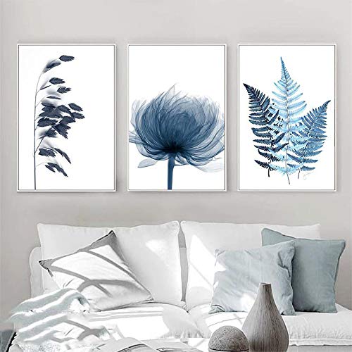 DMMHYJ Impressions sur toile bleu botanique feuille affiche fleurs minimalistes toile peinture mur Art photos pour salon décor 40x50cmx3 sans cadre