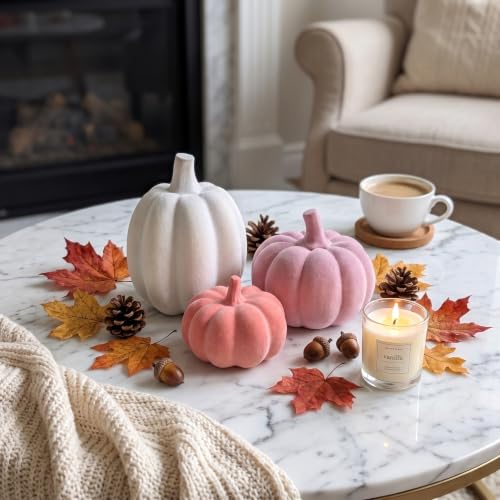 Pink and White Pumpkins Decor, 3Pcs Flocked Velvet Pumpkins Fall Decoration - image 8