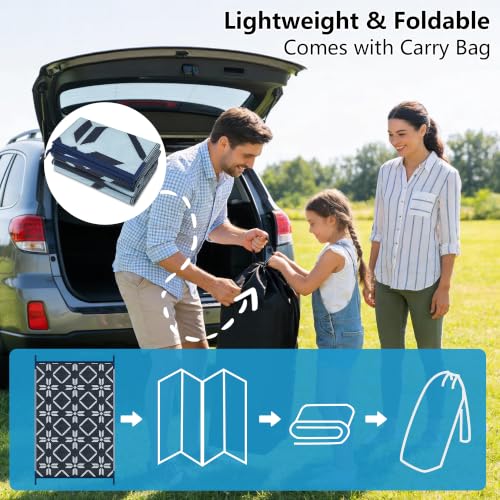 Image of Kohree Outdoor Rug, Diamond Flower, 9x12 ft, Blue | Waterproof, Reversible, Non-Slip, Foldable, Easy Cleaning and Carry for Patio, Camping, Picnic, Backyard