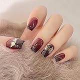 BHIDENAW ネイルチップ ショート 24枚入 人気 和風 かわいい シンプル おしゃれ 成人式 結婚式 パーティー 日常生活に使用できます 花嫁ネイル 光沢 つけ爪 両面テープ ウッドスティック (一目惚れ 141, M)