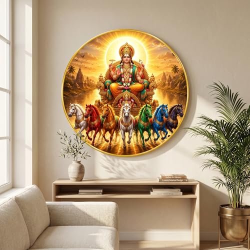 Image of SAF Surya Dev 7 Horse Round Wall Painting with Premium PVC Golden Frame, Hindu God Chariot Vastu Art for Living Room Prayer Room Home Decor Gift (16 x 16 Inch) GRM-454
