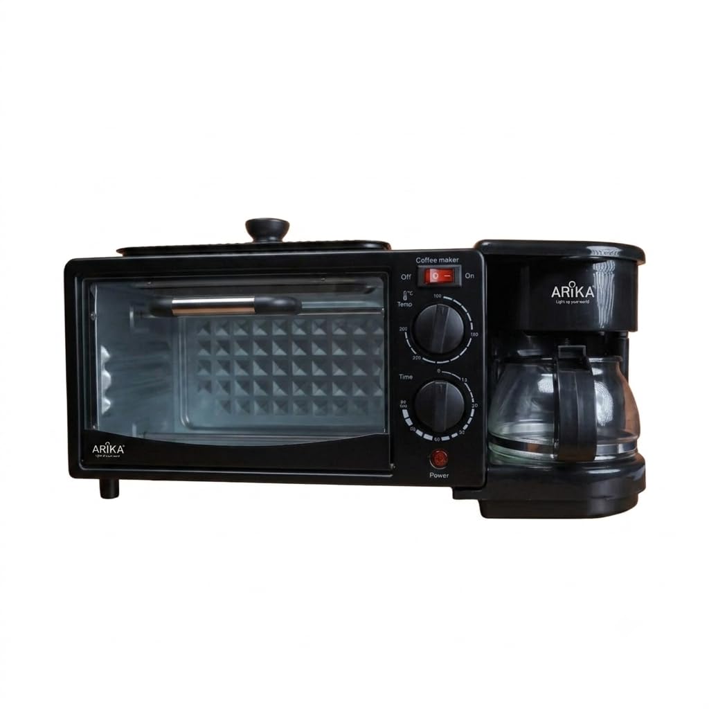 Arika 3-in-1 Breakfast Maker Station – Coffee Maker, Toaster Oven & Griddle Combo | 4-Cup Coffee Brewer, Non-Stick Grill for Eggs,Pancakes,Timer & Rust-Resistant Aluminum Alloy, Black-image-42