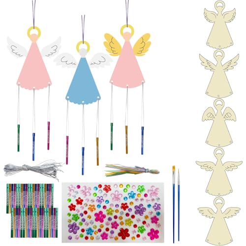 CRASPIRE 16 Pack Wind Chime Kits DIY Make Your Own Angel Fairy Wind Chime Coloring Wooden Easter Craft for DIY Crafts Activity Birthday Christmas Summer Party Decoration