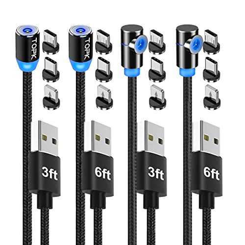 TOPK Magnetic Charging Cable 4-Pack [3ft/3ft/6ft/6ft] 3 in 1 Nylon Braided USB Phone Charger, 360° Rotating Compatible with Micro USB, Type C, iProduct and Most Devices