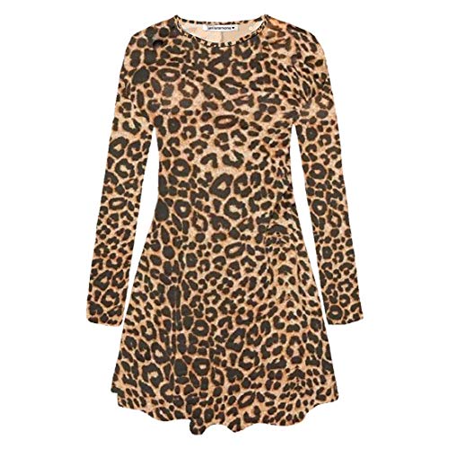 janisramone Womens Ladies New Leopard Printed Long Sleeve Flared Swing Dress A Line Skater Party Mini Top Plus Size