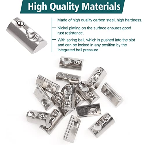 Yeepeo 50 Stück Nutensteine mit kugel Nut 6, 20-Serie Nutenstein M5 Gewinde mit Zentrierung Steg, Kohlenstoffstahl Gleitmutter mit Federkugel T Nutsteine Set für Aluminiumprofil-Extrusionsschlitz