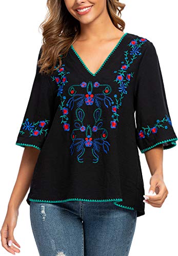 YZXDORWJ Women's Summer Peasant Blouses Boho Embroidery Mexican Bohemian Tops Shirt Tunic Blouses