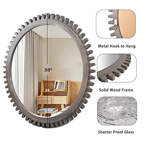 Decorative Wall Mirror 30 Inch, Round Wooden Industrial Cog Hanging Mirror For Bathroom Vanity, Living Room,Office,Or Hallway, Rustic Grey #TOP2