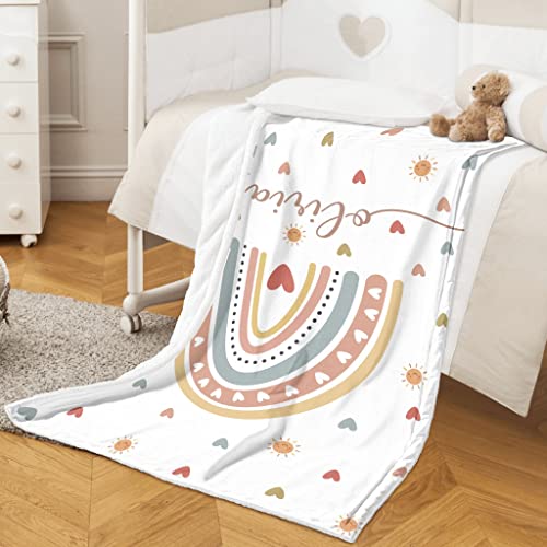 Image of Personalized Baby Girl Blankets with Name, Custom Boho Rainbow Swaddle Blanket for Girls, Customize Newborn Shower Gifts for Baby Girl, Easter Birthday Expecting Mom Gifts for Kids Girls