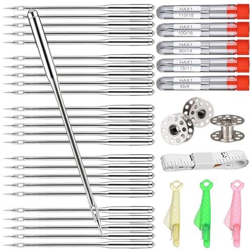 Sewing Machine Needle - 50pcs Universal Heavy Duty Quilting Sewing Machines Needles Kit (Size 65/9 75/11 90/14 100/16 110/18) with 3 Spools 1 Tape Measure and 3 Needle Threaders