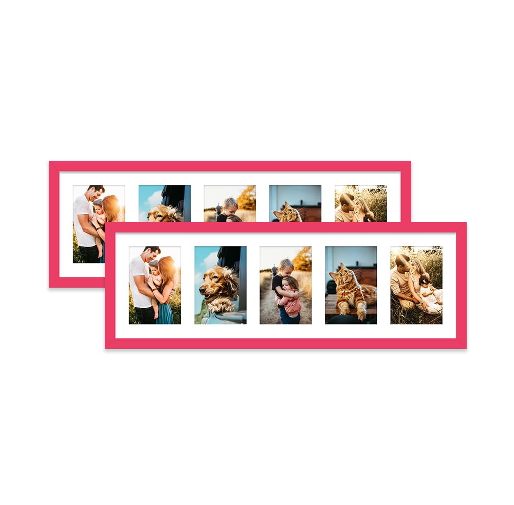 Bright Pink Multi Photo Frame - Holds 5 x 6x4 Pictures, Family Collage Picture Frame for Wall Display, 8x26 Panoramic Frame Size, Set of 2