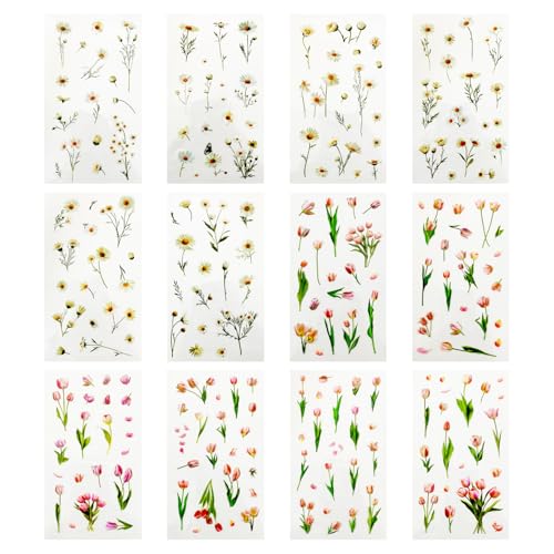 OVDGWC 12 Pegatinas De Flores, Pegatina De Planta Retro, Pegatina Impermeable, Tarjetas Decorativas, Sobres, Computadoras, Fundas para Teléfonos Móviles
