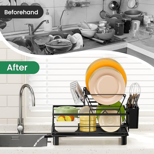 PKBD 2 Tier Dish Drainer Rack,Multifunctional/Detachable Dish Rack with Swivel Drainage Spout,Utensil Holder,Cup Holder,Rust-proof Carbon Steel/Space-Saving Dish Drying Rack for Kitchen Counter,Black - Image 3