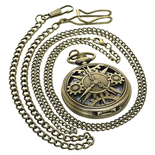 Bronze Vintage Brass Antique Case Pocket Watch Fob Watch for Men Women with 1 PC Necklace Chain 1 PC Clip Key Rib Chain