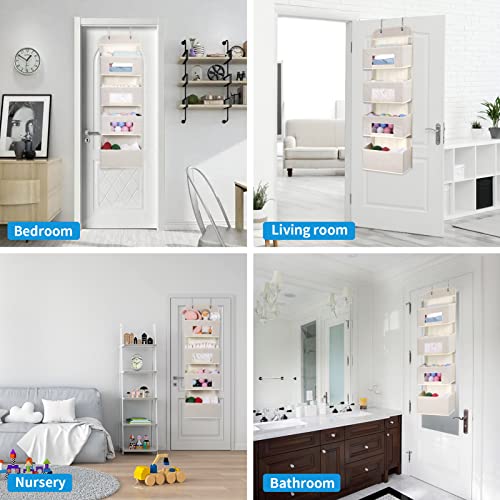 4-Shelf Over The Door Hanging Organizer With 2 Metal Hooks，4 Pocket Over The Door Wall Mount Storage With Clear Windows For Baby Nursery Bathroom Closet,Bedroom,Dorm,Baby Diapers,Kids Toys (Beige) #TOP3
