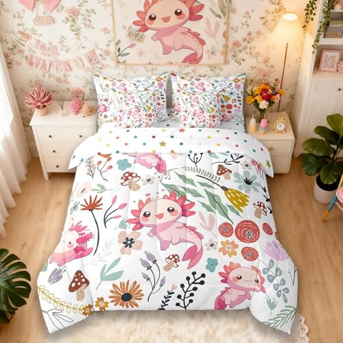 Erosebridal Kawaii Axolotl Comforter Set 7 Piece Bed in a Bag Twin Mushroom Floral Cartoon Animal Bedding Sets Watercolor Flowers Leaves Sheet Set with Comforter