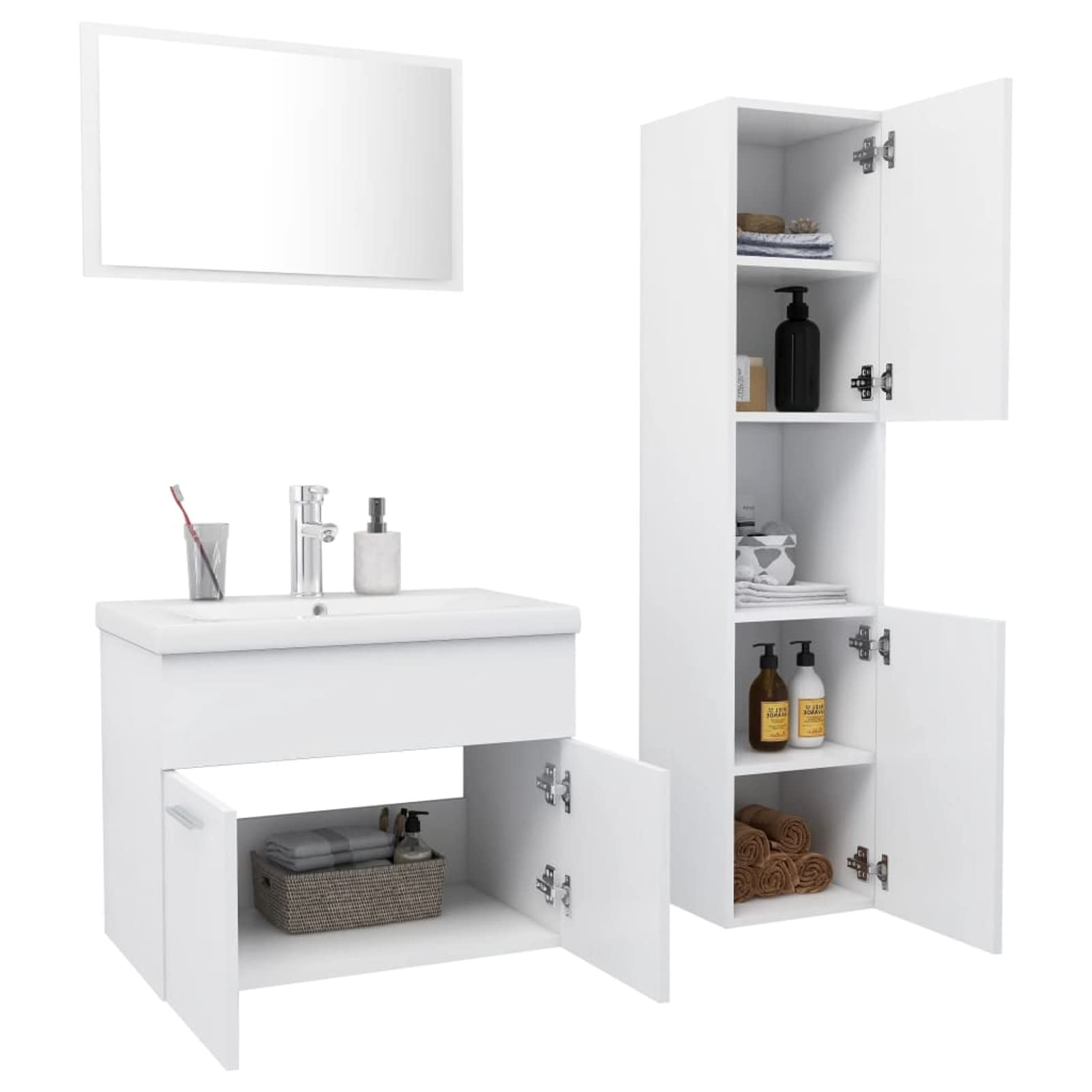 Homgoday Set Mobili da Bagno Bianco in Truciolato, Credenza Armadio Armadietto da Pavimento per Bagno Mobiletto Portaoggetti Ripiani Armadio di Stoccaggio per Camera Ufficio j