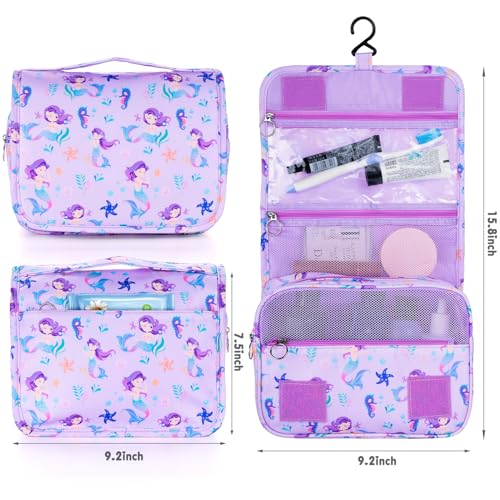 Kids Hanging Toiletry Bag for Girls, Travel Toiletry Bag for Little Young Girls Cosmetic Makeup Waterproof Wash Bag Toddler Traveling Toiletries, Mermaid Purple3