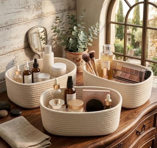 Image of 100% Natural Jute small box mini rope paper storage Round hamper baby nursery tray bucket for Living Kitchen, Office, Drawing Room,fruits, kitchen, office, (cream)