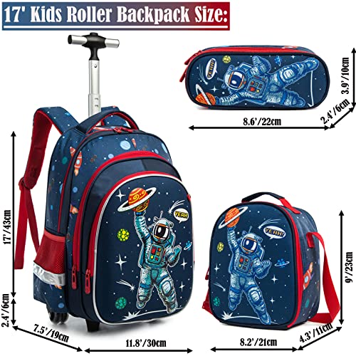 Egchescebo School Bags Kids Rolling Astronaut Backpack With Wheels Trolley Wheeled Backpacks for Travel Bags 3PCS Cat Backpack With Lunch Box Blue2