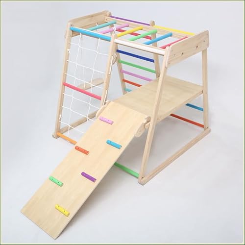 Marco de escalada interior de madera con tobogán y red, estructura de juego para niños, madera natural con detalles coloridos