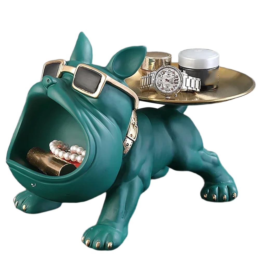 CTRLZS French Bulldog Resin Tray Statue Key Holder Bowl Candy Dish Statues for Desk Home Decor Figurines Green