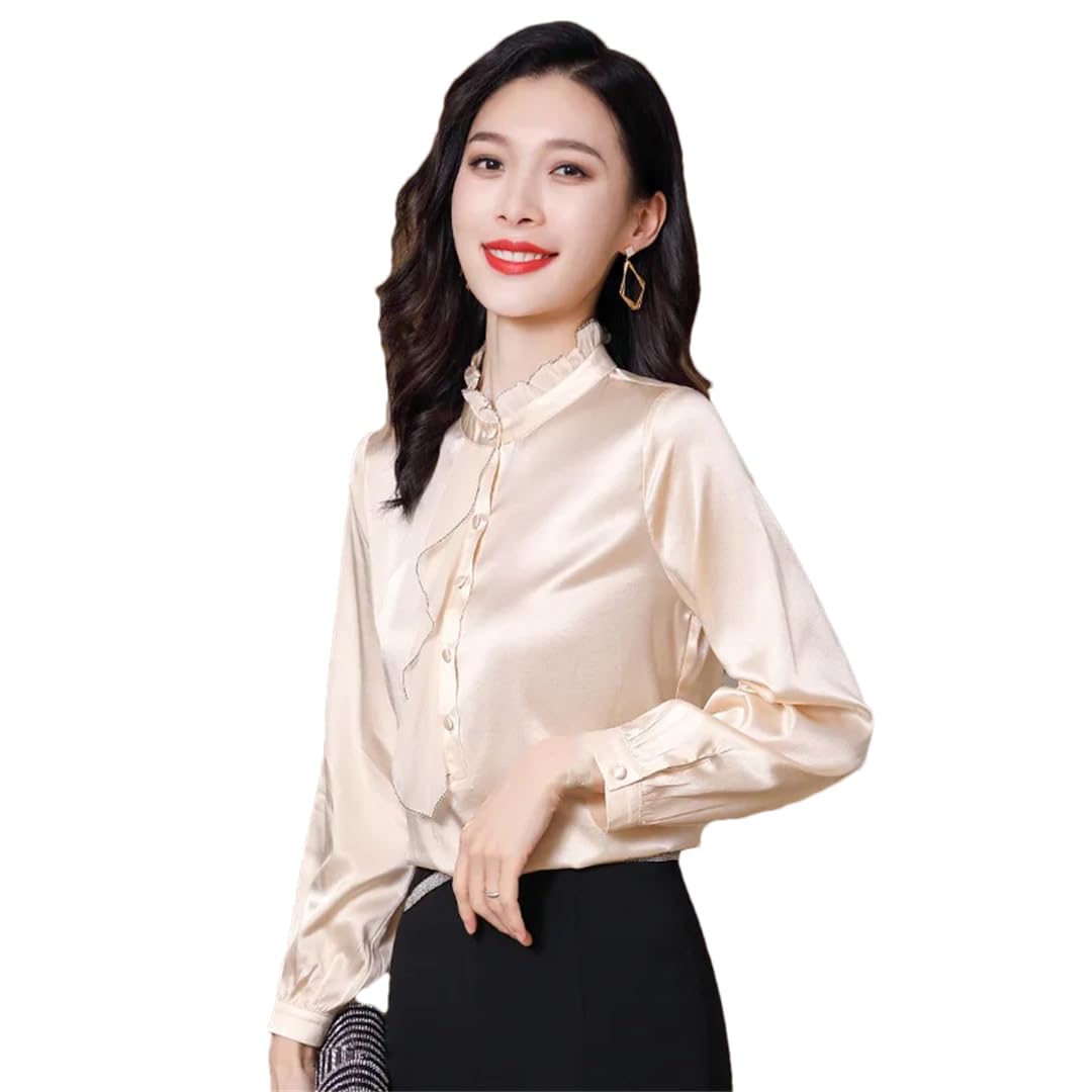Camisa de seda con solapa para mujer, blusas de oficina de manga larga, holgadas, para oficina