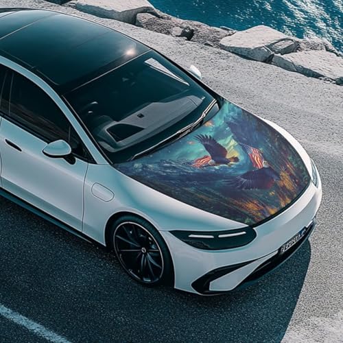 Image of Car Hood Cover Eagle and American Flag Print Stretch Car Hood Protector Washable Automotive Accessories Universal Suitable Most Automotive Pickup Sedans Trucks SUVs