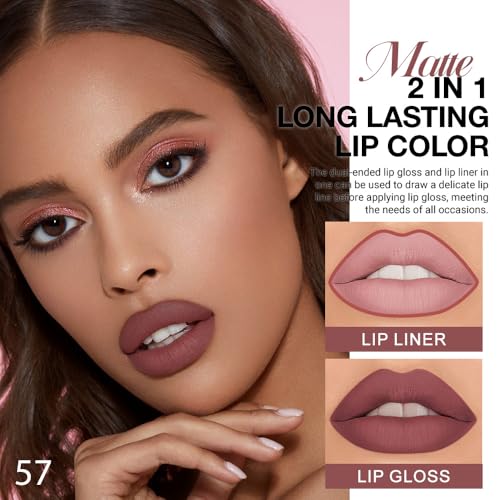 Image of evpct 1Pcs Red Brown Matte Lip Liner & Liquid Lipstick Stain Makeup Set for Women Gift, Red Lip Liner Stain Long Lasting Waterproof Smudge Proof, Longwear Lips Stick Makeup 24 hours originale, 57