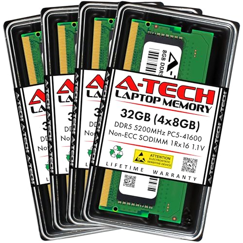 Image of A-Tech 32GB Kit (4x8GB) DDR5 5200MHz PC5-41600 CL42 SODIMM 1Rx16 Single Rank 1.1V Non-ECC Unbuffered SO-DIMM 262-Pin Laptop Computer RAM Memory Upgrade Modules