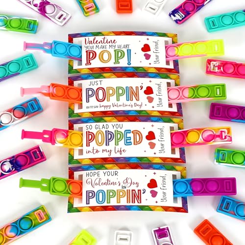 DAZONGE 24 Packs Valentines Day Gifts for Kids, POP It Bracelet Valentines Cards, Classroom Valentines, POP Fidget Toy Valentine’s Day Cards for Kids School Exchange Activity