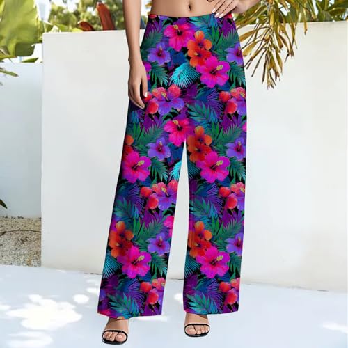 ZOCANIA Womens High Waist Pants Hawaii Print Flower Summer Vacation Casual Daily Baggy Elastic Waist Palazzo Trousers3