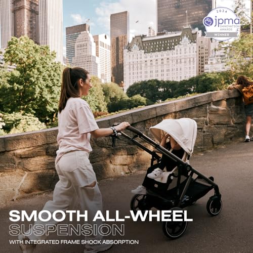 Image of Cybex e-Gazelle S Electronic Assist Stroller - Gazelle S Single-to-Double Electric Stroller, Smart Assist, Rocking Mode, 20+ Configurations & Compact Fold, Seashell Beige with Taupe Frame