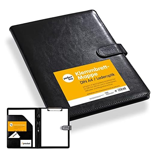 perfect line carpeta portanotas DIN-A4 con aspecto de cuero, carpeta de documentos en negro, con cierre magnético, registro de conferencias, 4 compartimentos y pinza, ideal como libreta y organizador