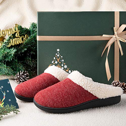 Wishcotton Women's House Slippers With Memory Foam, Ladies Slip On Nonslip Indoor Bedroom Slippers With Rubber Soled, Warm Cozy Fuzzy Sherpa Fleece Lined Winter Home Shoes, Wine, 6.5-7.5 Us #TOP5