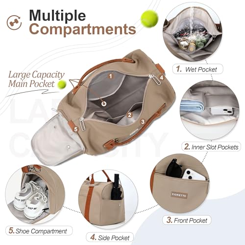 FIORETTO Womens Gym Tote Duffle Weekender Bag with Wet Pocket & Shoe Compartment, Ideal for Travel, Swimming, Dance, Khaki2