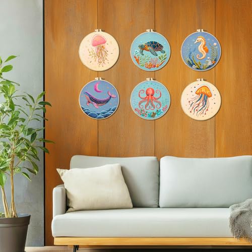 Image of ACRNIGHEET 6PCS Embroidery Kit for Adults Beginners, Sea Animals Embroidery Starter Kit, Stamped Cross Stitch Kits for Crafts Lovers Gift Idea, Include Instructions 6 Stamped Embroidery Cloth 2 Hoop