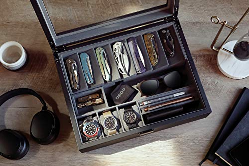 Drop Cache Display Valet - EDC, Blade, Watch, and Jewelry Locking Storage Case, USB Pass-through, Microfiber Lining, Faux Leather, Stackable (Valet), black