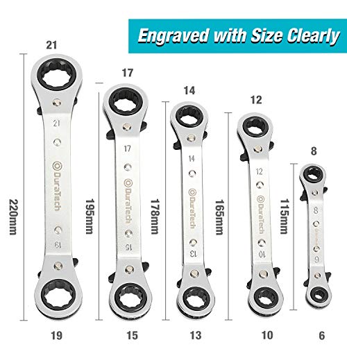 Duratech 5 Pc Double Offset Box End Reversible Ratcheting Wrench Set Metric, Heavy-Duty, Matte Chrome Plated, Ratchet Spanner Crooked For Narrow Spaces (6X8Mm, 10X12Mm, 13X14Mm, 15X17Mm, 19X21Mm) #TOP1