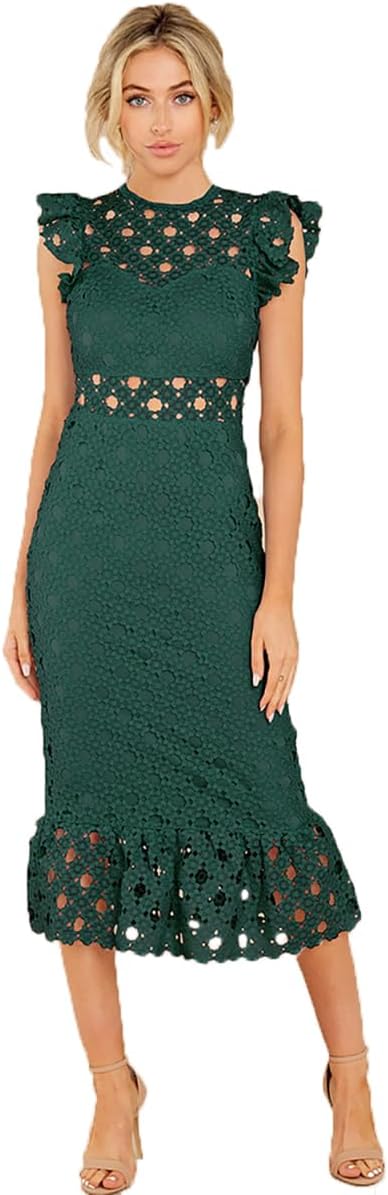 Lace Cocktail Dress for Women Ruffle Sleeve Crewneck Party Dress Hollow Out Slim Wrap Hip Dresses French Dress