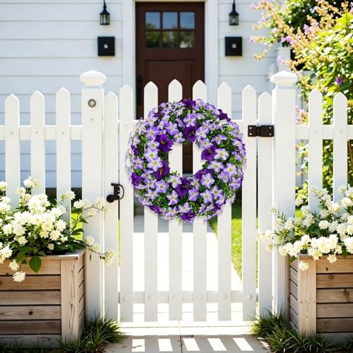 U'Artlines 20 Inch Summer Silk Floral Wreaths for Front Door, Artificial Boxwood Wreath with Purple Morning Glory Flowers, Faux Farmhouse Greenery Petunia Wreath for Outdoor Window Wedding Home Decor — view 6