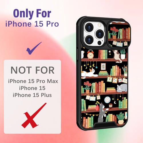 Image of Funermei for iPhone 15 Pro Case - Women Girls Cute Phone Cover Girly Pretty Aesthetic Cat and Books Unique Design with Camera Cover Funda for Apple for iPhone 15 Pro